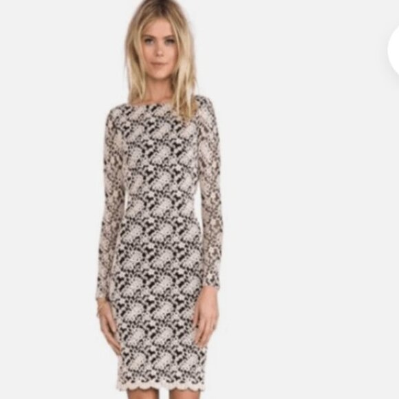 Alice + Olivia Backless Long Sleeve Black and Cream Lace Dress– Sz 4 - Picture 2 of 15